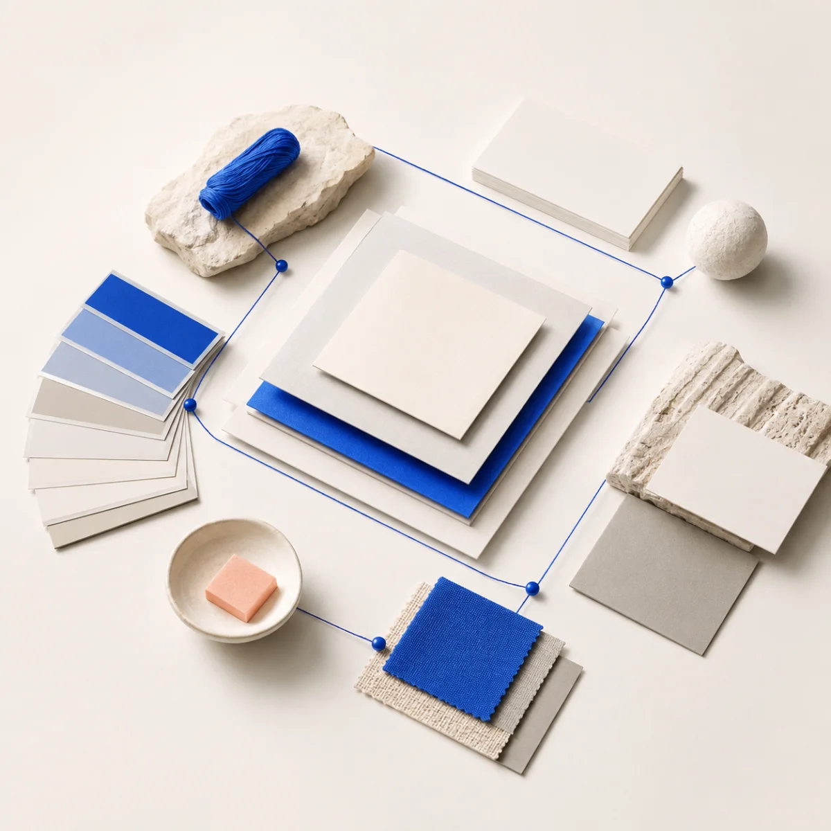 Materiais de identidade visual organizados e ligados por um fio azul