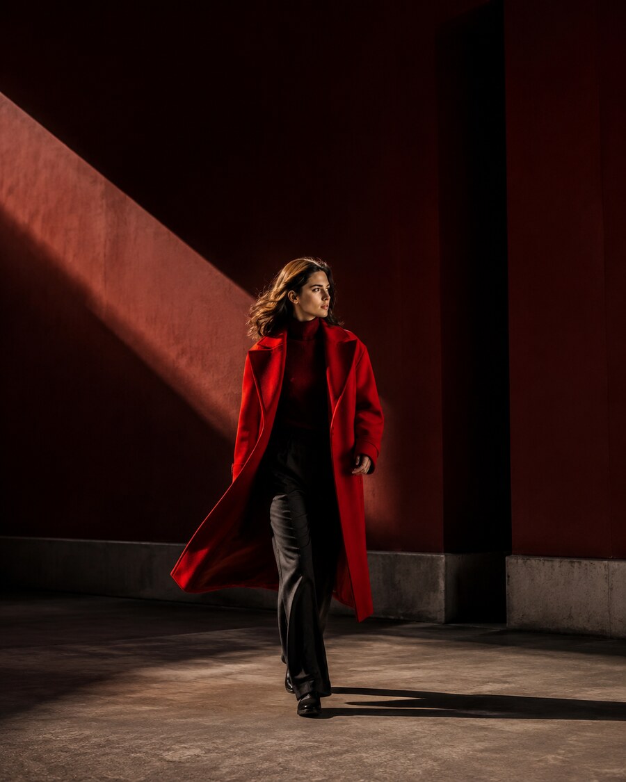 Campanha editorial de moda em tons vermelhos
